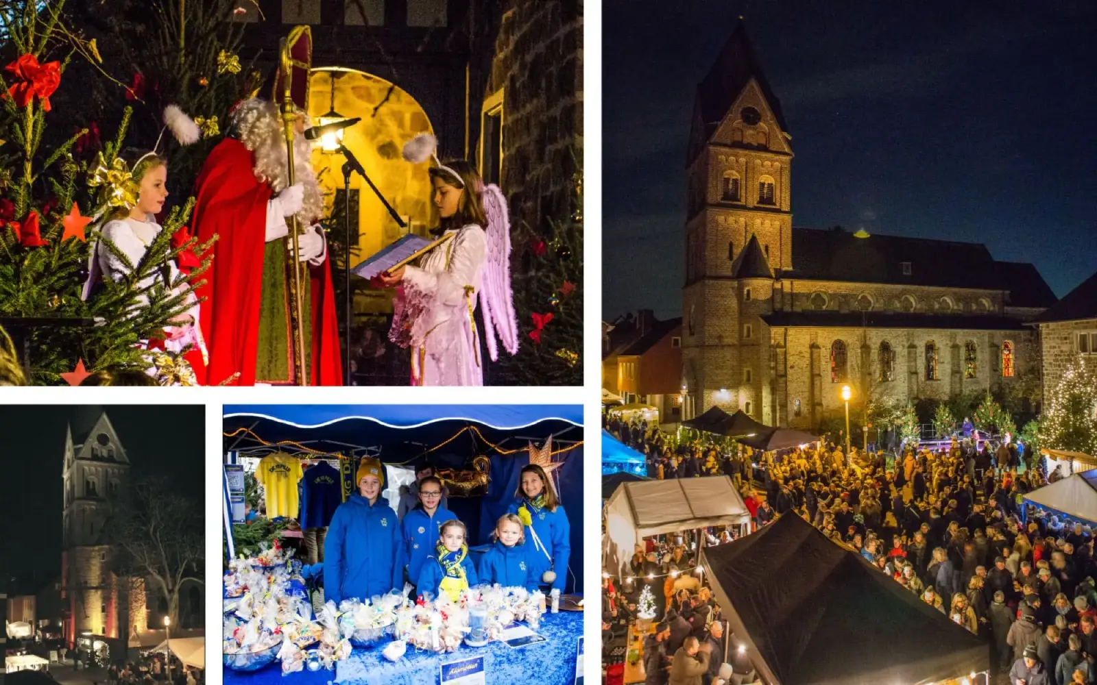 Stimmungsvolle Eindrücke vom Nikolausmarkt in Angermund: Der Nikolaus mit seinen Engeln, festlich beleuchtete Kirche und bunte Marktstände im Abendlicht. Archivfotos: vj