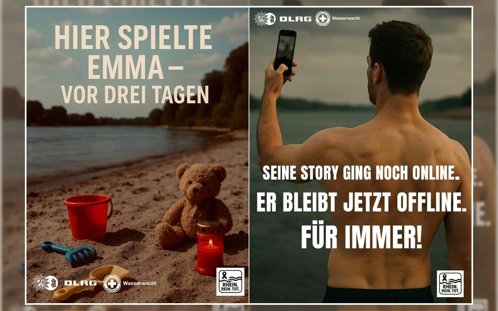 Ein Teddybär, ein Eimer und eine Grabkerze erinnern symbolisch an ein tödlich verunglücktes Kind – ein Motiv der aktuellen Kampagne der Polizei Duisburg. Collage: Polizei Duisburg