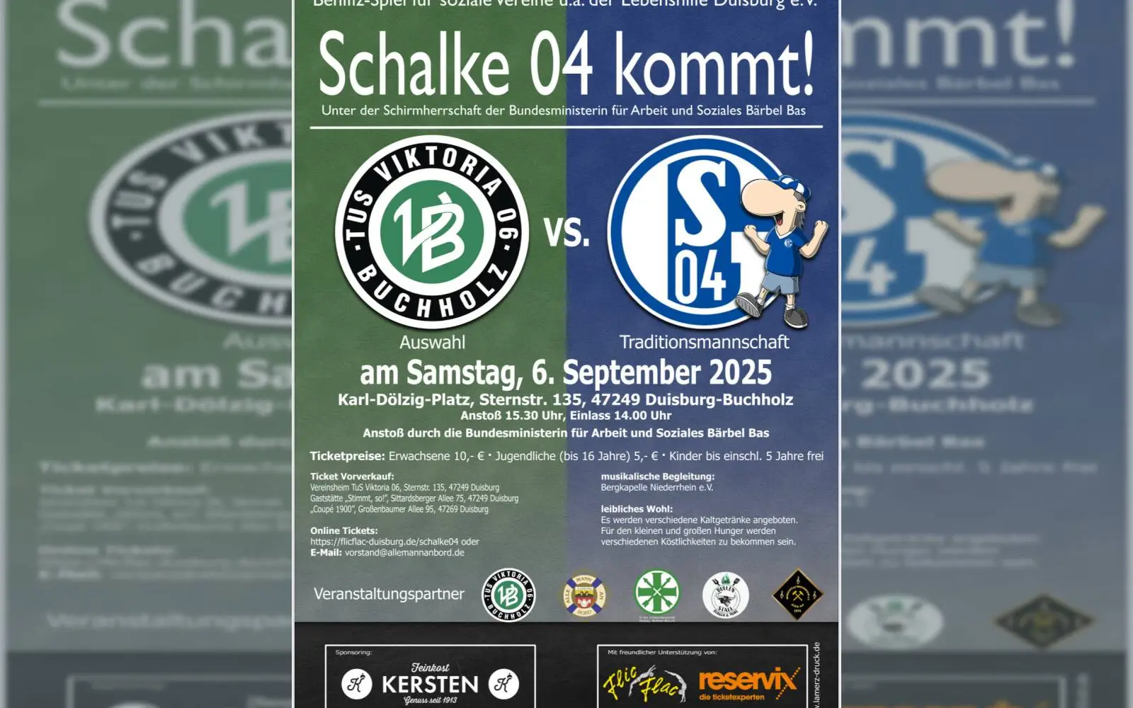 Das Plakat kündigt das Benefizspiel der Traditionsmannschaft des FC Schalke 04 am 6. September in Duisburg-Buchholz an.