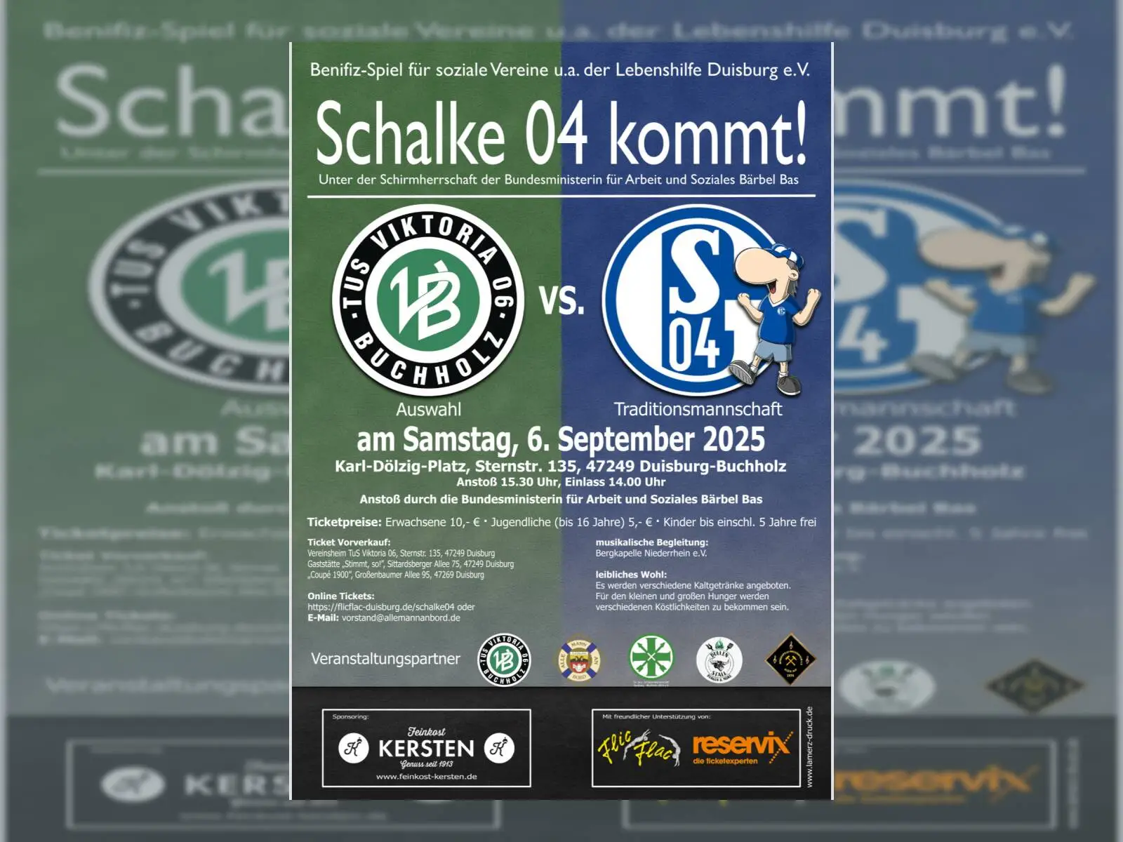 Das Plakat kündigt das Benefizspiel der Traditionsmannschaft des FC Schalke 04 am 6. September in Duisburg-Buchholz an.