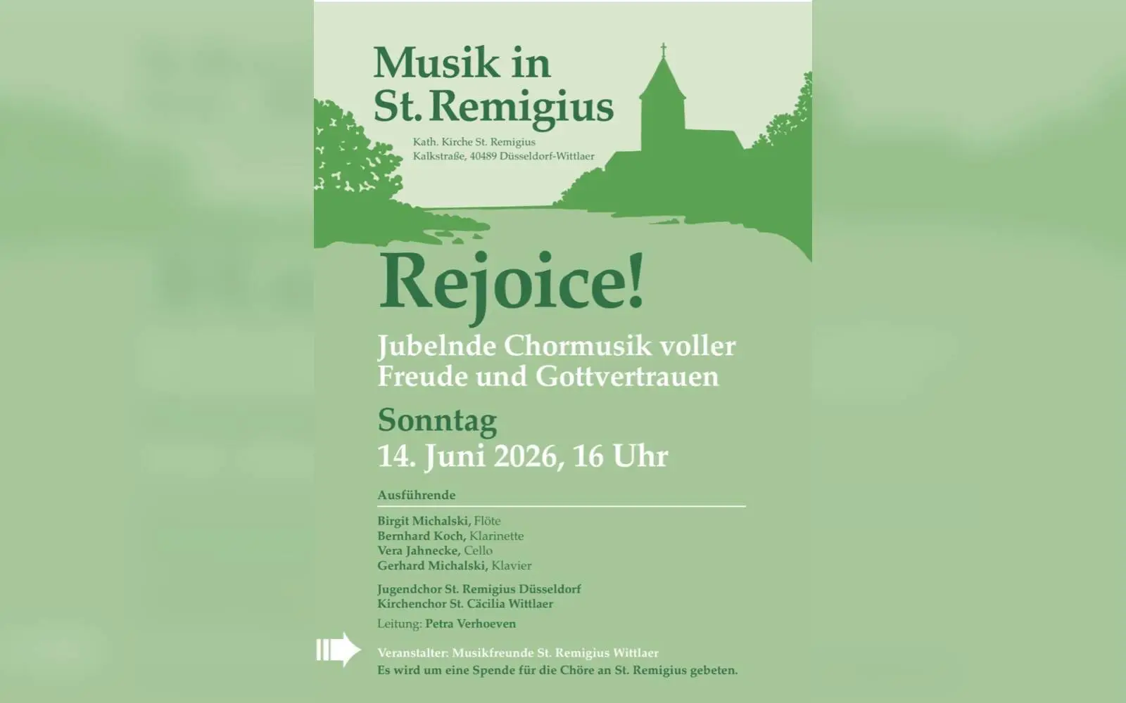Das Plakat der Musikfreunde St. Remigius Wittlaer kündigt das Chorkonzert „Rejoice!" am 14. Juni an. Plakat: Musikfreunde St. Remigius Wittlaer