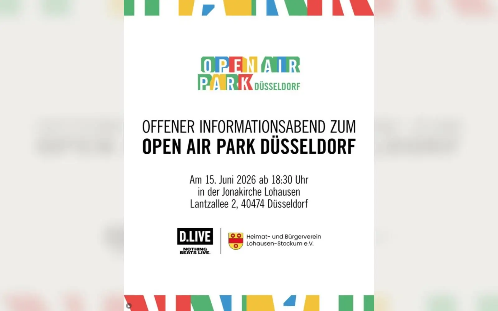 D.LIVE und der Heimat- und Bürgerverein Lohausen-Stockum laden am 15. Juni zum Infoabend über den Open Air Park Düsseldorf in die Jonakirche Lohausen ein.