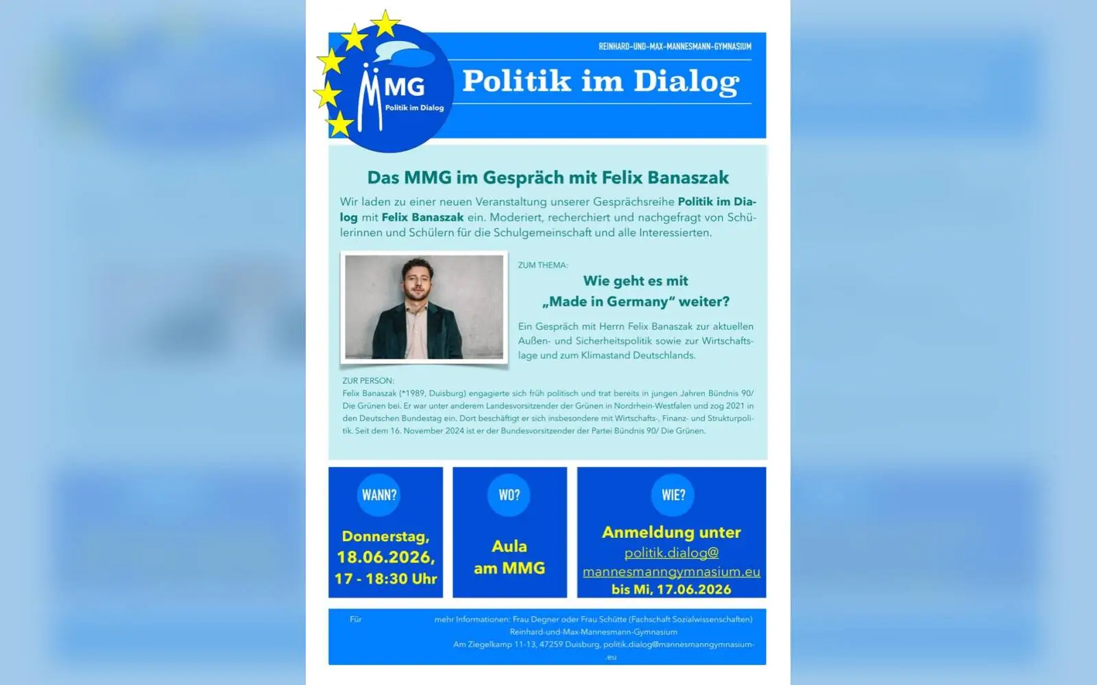Felix Banaszak, Bundesvorsitzender der Grünen, spricht am 18. Juni in der Schülerreihe Politik im Dialog am Mannesmann-Gymnasium.