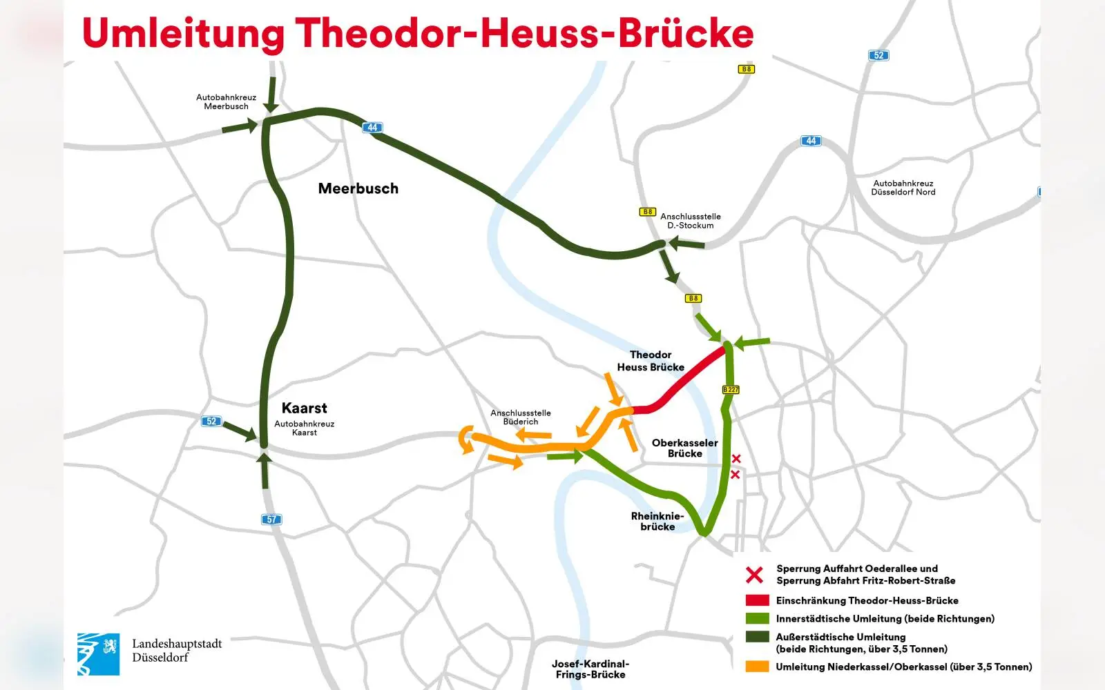 Ab Ende 2026 rollt der Verkehr auf der Theodor-Heuss-Brücke nur noch einspurig und mit Tempo 30. Grafik: Stadt Düsseldorf