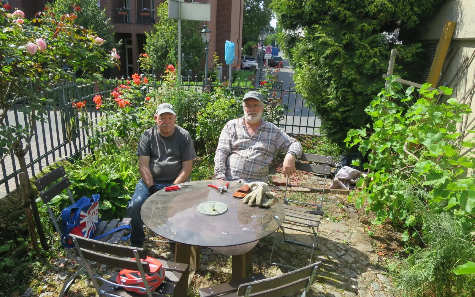 Jürgen Junghans (links) und Karl Döhler machen bei der Pflege des Kaisergärtchens eine Pause zwischen Rosen und Reben. Foto: hs