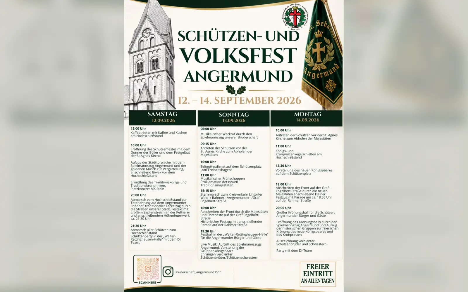 Der Ablauf der drei Festtage von Samstag bis Montag, 12. bis 14. September, steht auf dem Programmplakat der St. Sebastianus Bruderschaft Angermund 1511. Plakat: St. Sebastianus Bruderschaft Angermund 1511