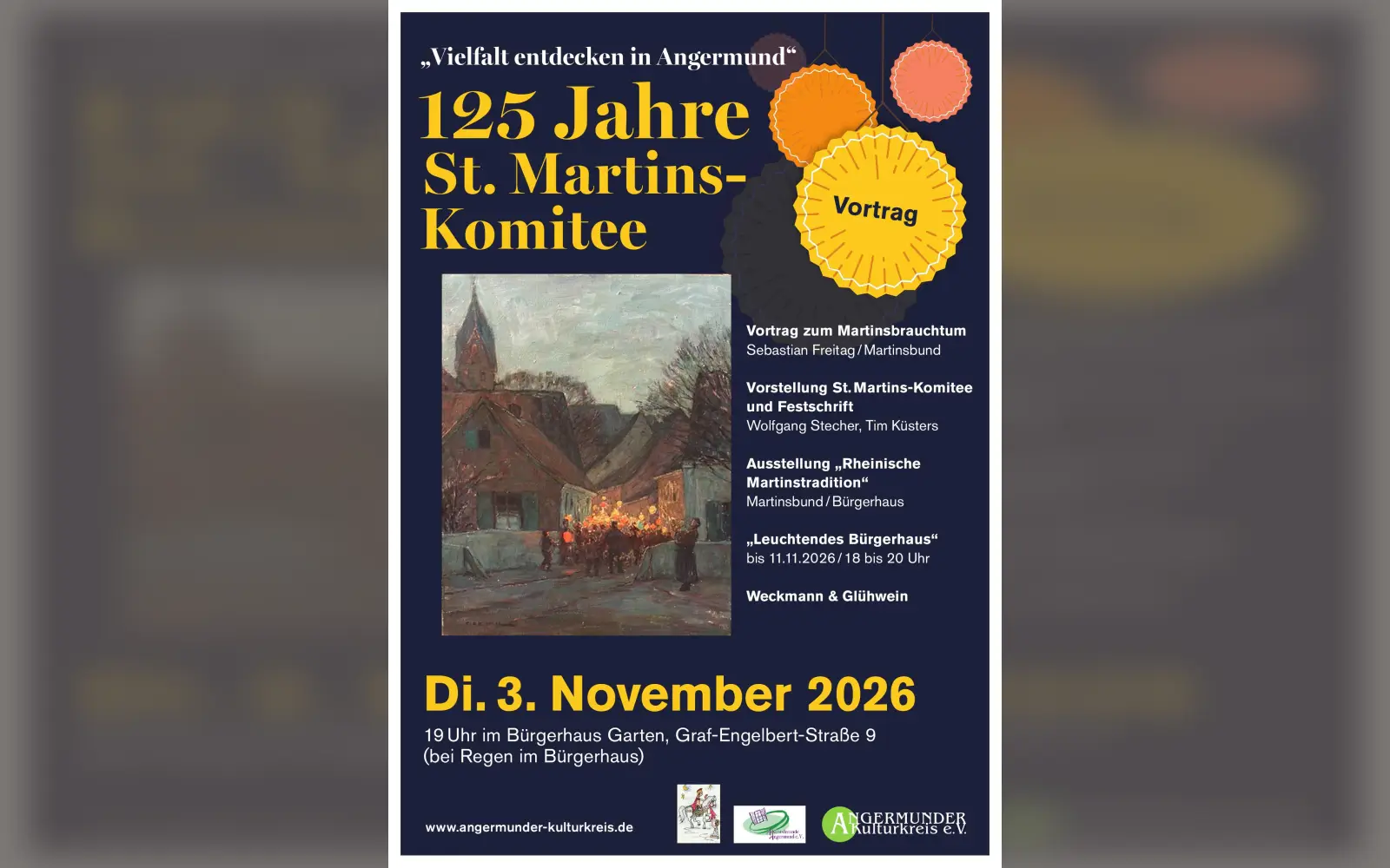 Mit Vortrag, Festschrift und Ausstellung feiert Angermund am Dienstag, 3. November, ab 19 Uhr im Garten des Bürgerhauses 125 Jahre St. Martinskomitee. Plakat: Angermunder Kulturkreis