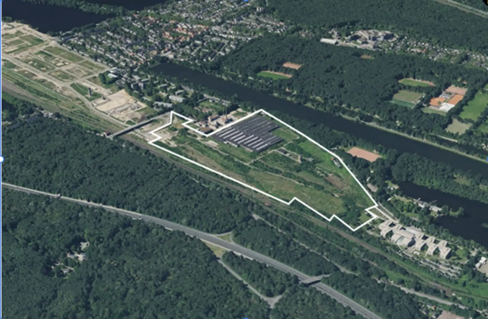 Das Luftbild zeigt die Fläche, die entwickelt werden soll. Quelle: Stadt Duisburg