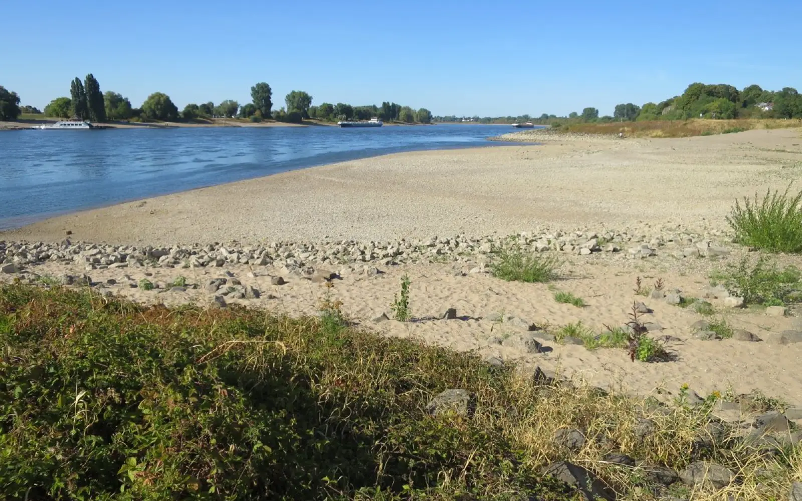 Einen breiten „Traumstrand“ wie in der Karibik hat der Rhein oberhalb von Kaiserswerth freigelegt. Im Hintergrund liegen die stillgelegte Rheinfähre und ein vor Anker gegangenes Frachtschiff. Foto: hs