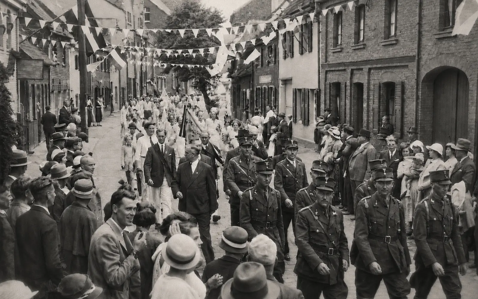 SA-Männer führen am 19. August 1934 den Umzug zum 25-jährigen Jubiläum des Turnvereins TVA über die Graf-Engelbert-Straße an. Archivfoto: Sammlung Frank Broden