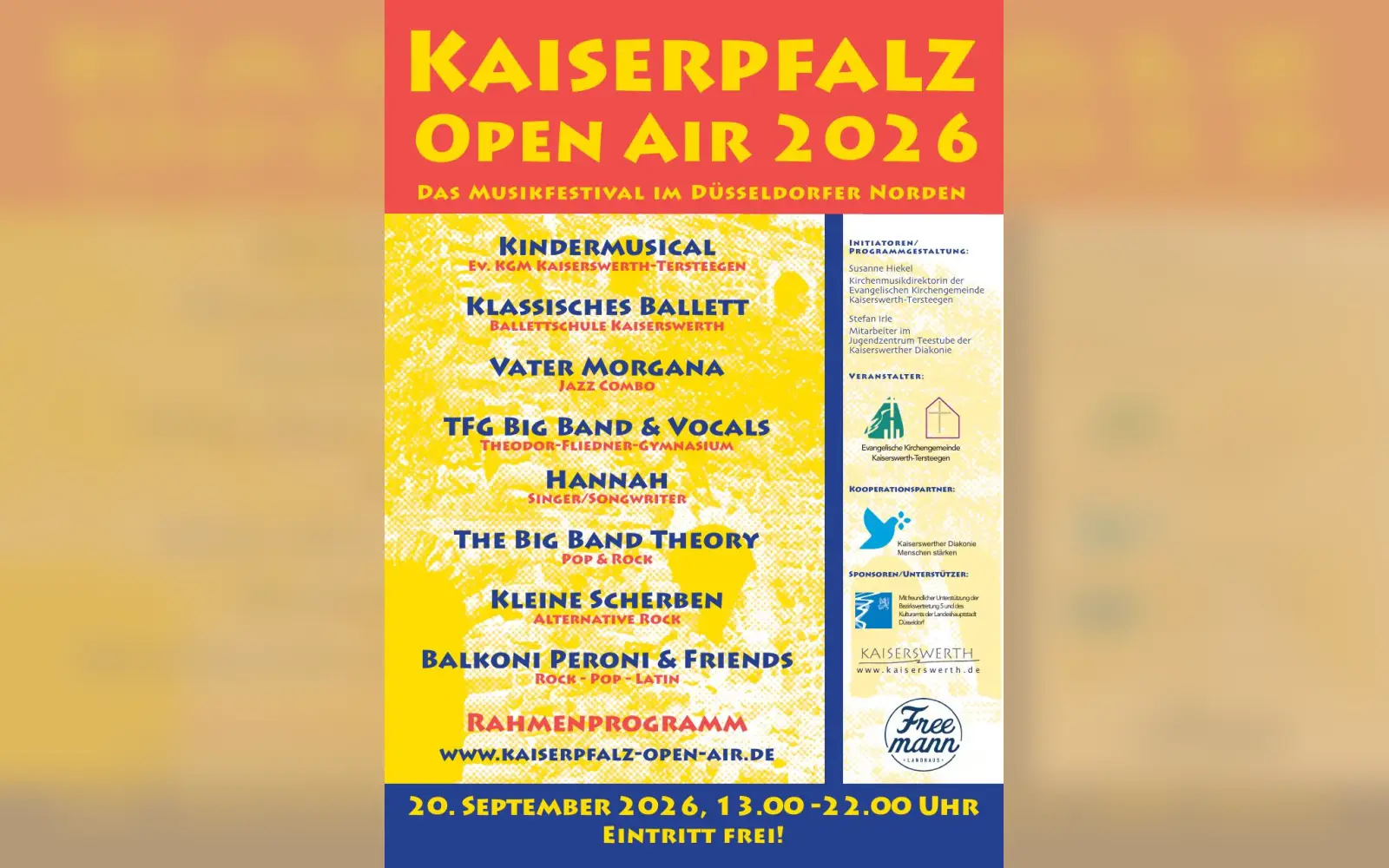 Das Plakat zum Kaiserpfalz Open Air 2026 nennt acht Programmpunkte vom Kindermusical bis zu Balkoni Peroni & Friends. Plakat: Kaiserpfalz Open Air
