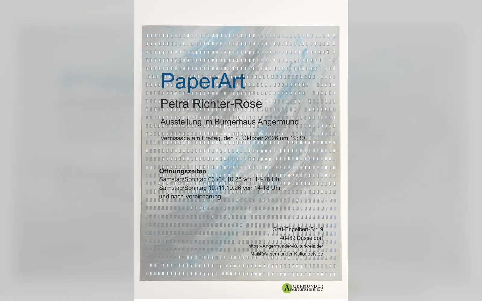 Das Plakat zur Ausstellung „PaperArt“ nennt die Öffnungszeiten an den beiden Oktober-Wochenenden im Bürgerhaus Angermund. Foto: Angermunder Kulturkreis