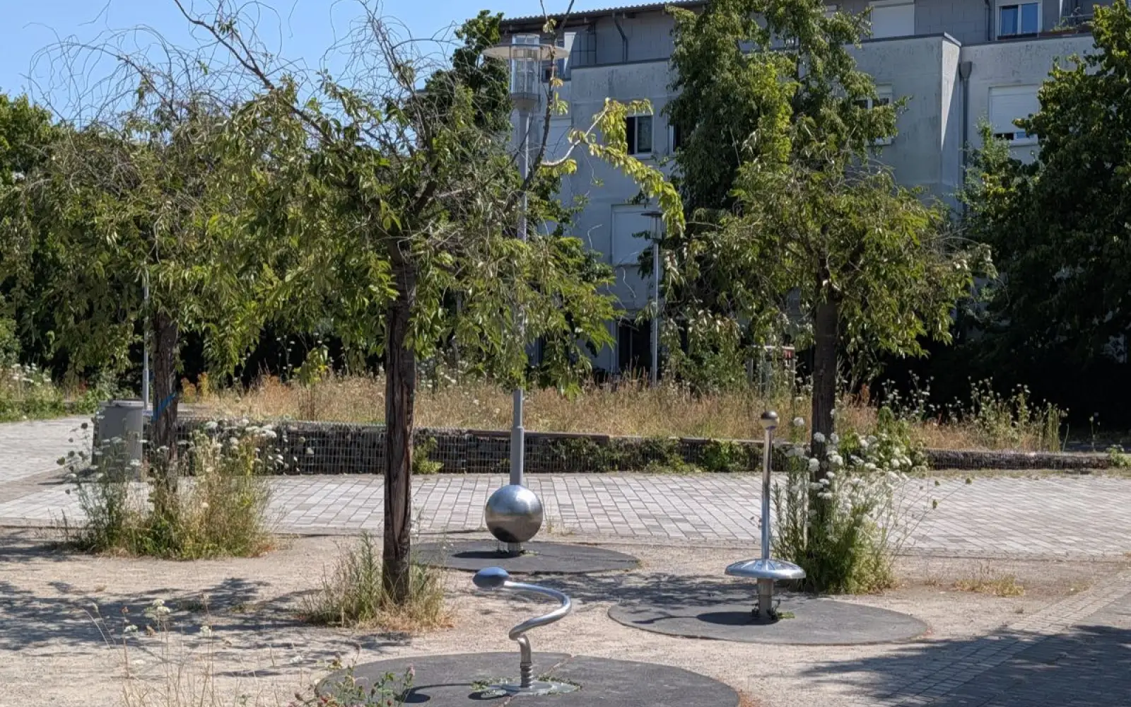 In der Mitte des Hannes-Esser-Platzes, rund um die Sport- beziehungsweise Spielgeräte, ist der Boden so stark verdichtet und die Baumscheiben so klein, dass Regenwasser nicht zu den Wurzeln durchdringen kann, sondern in den Straßen-Abwasserkanal abläuft. Foto: ah