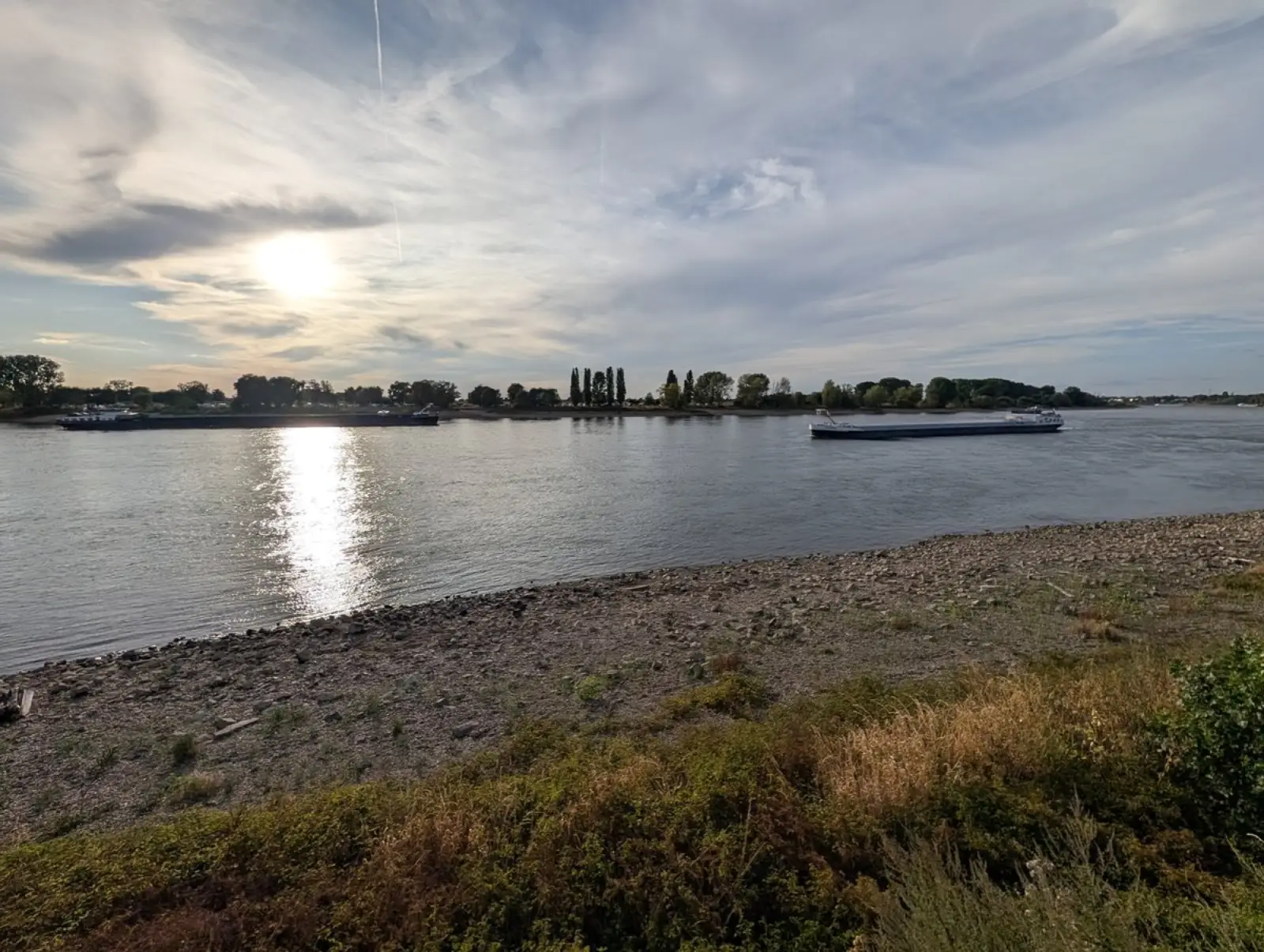 Das Niedrigwasser gibt am Rheinufer bei Kaiserswerth derzeit breite Kiesflächen frei. Foto: ah