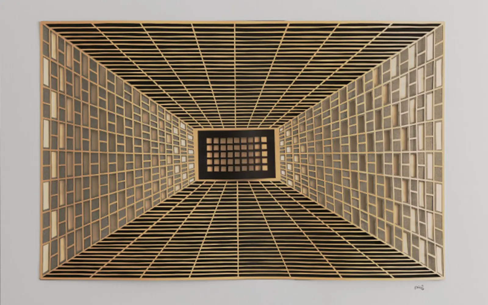 Die Arbeit „Op-Art“ von Petra Richter-Rose zieht den Blick mit einem Raster aus Papierstreifen in die Tiefe. Foto: Angermunder Kulturkreis