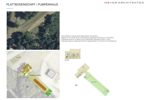 Der Entwurfsplan sieht einen Schauraum für den Nachen ohne Tageslichteinfall, einen Technikraum für die Klimatisierung, ein kleines Café und eine Kasse mit Shop vor, alles barrierefrei. Foto: Meyer Architekten