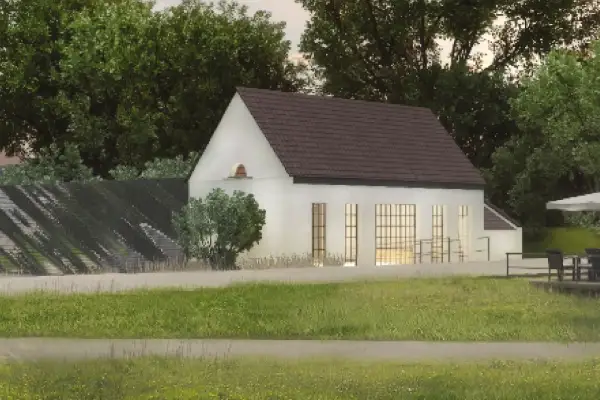 Die Fassade des denkmalgeschützten Pumpenhauses bliebe nach dem Entwurf unangetastet, daneben ist eine abgesetzte Außenterrasse mit Rheinblick vorgesehen. Foto: Meyer Architekten