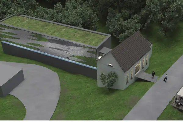 Die Visualisierung zeigt das denkmalgeschützte alte Pumpenhaus als Foyer der vorgeschlagenen Ausstellungshalle, deren kinetische Fassade als Windspiel gedacht ist. Foto: Meyer Architekten