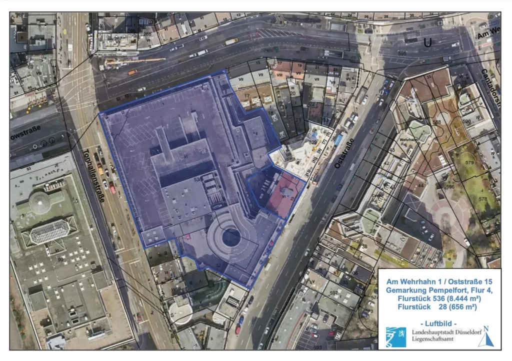 Das Auslobungsverfahren für den neuen Standort Am Wehrhahn/Oststraße soll vorbehaltlich der Zustimmung des Rates am kommenden Donnerstag noch in diesem Jahr starten, Luftbild: Landeshauptstadt Düsseldorf Liegenschaftsamt