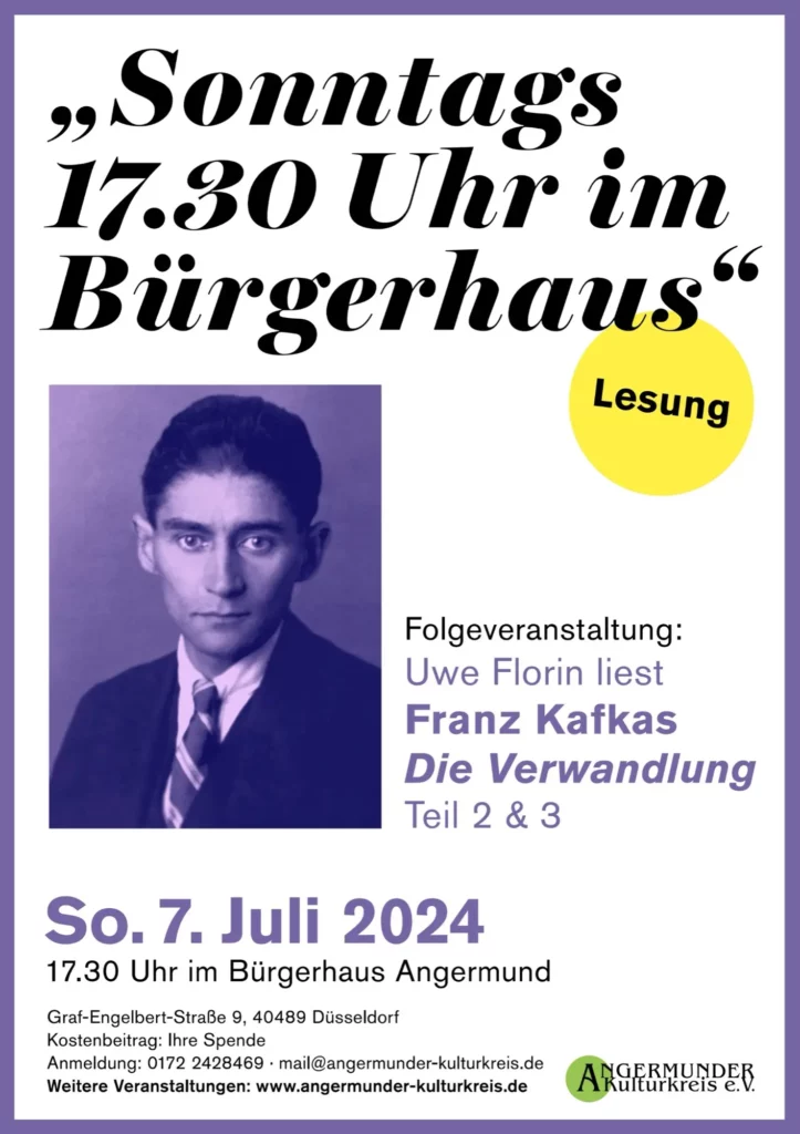 Uwe Florins Kafka-Lesung in Angermund: Fortsetzung am 7. Juli 2024 im Bürgerhaus.