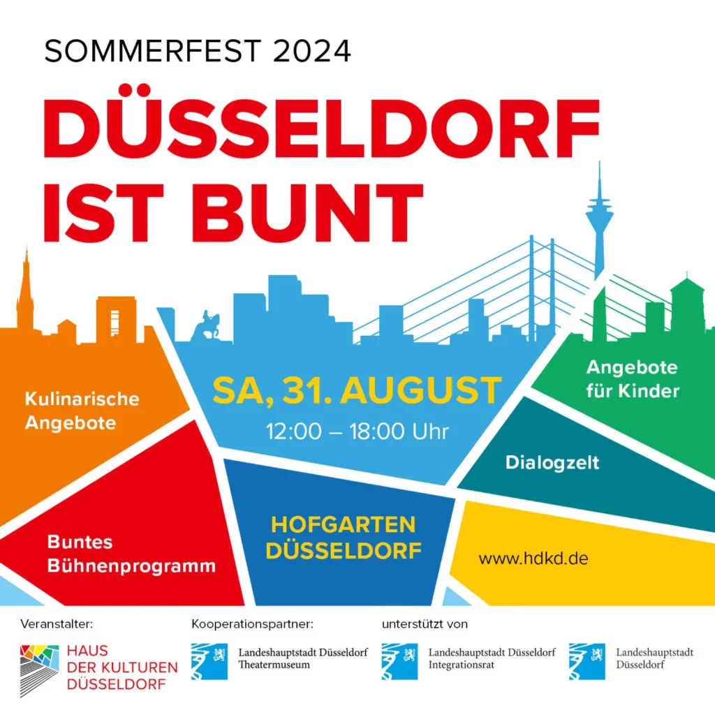 Offizielles Plakat für das Sommerfest „Düsseldorf ist bunt“ 2024, das am 31. August im Hofgarten Düsseldorf stattfinden wird.