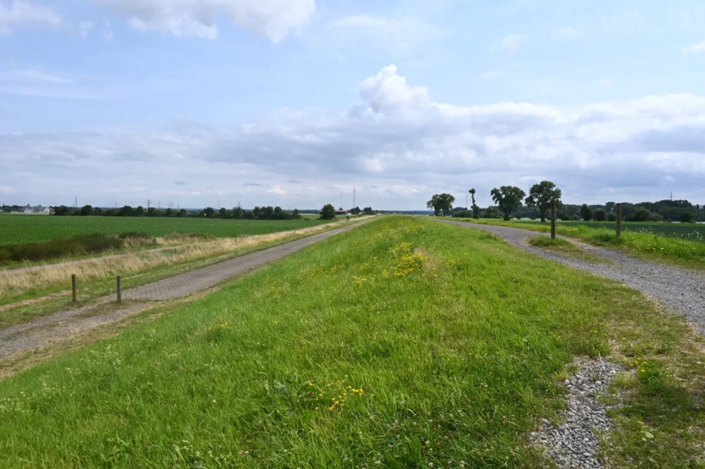 Oben im Foto ist der neue Deich Richtung Düsseldorf zu sehen, unten noch der alte, Richtung Ehingen. Foto: sam