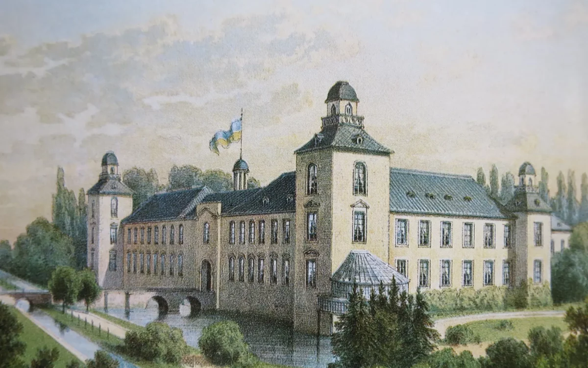 Das Kalkumer Schloss von Südwest mit dem Blumengarten am Südwestturm. Lithographie um 1860.