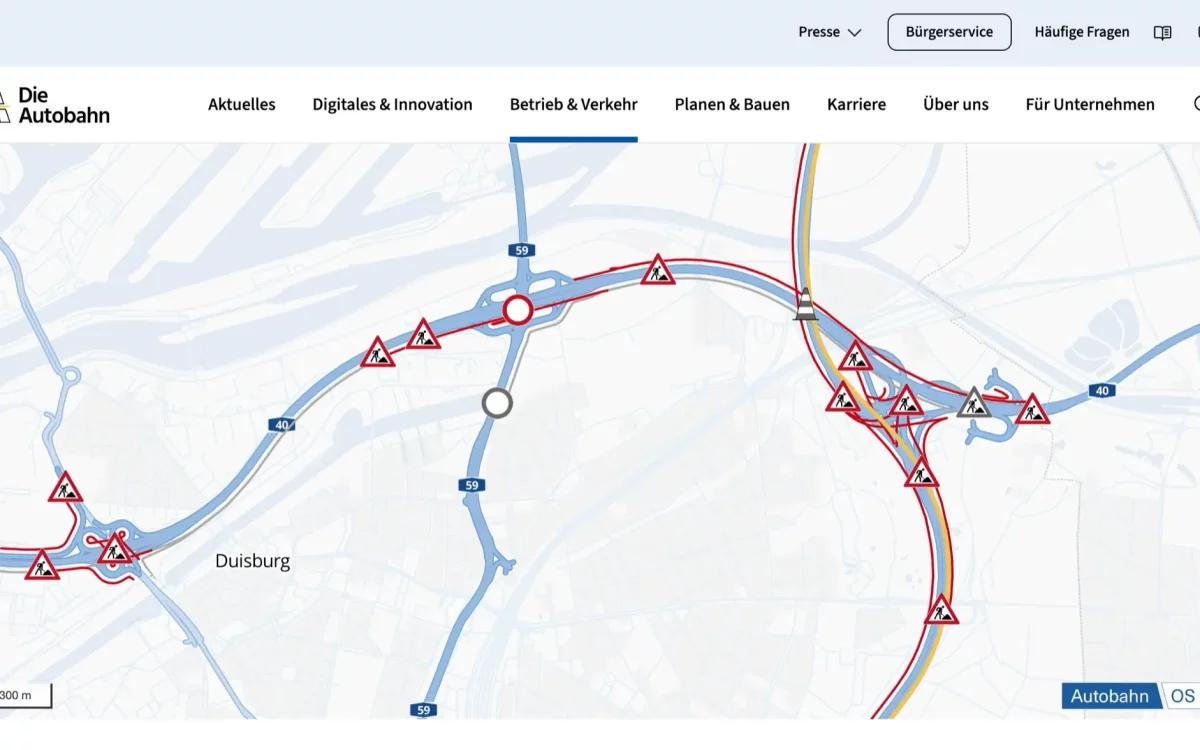 Baustellenkarte der Autobahn GmbH mit Informationen zur A59-Sperrung zur A40.