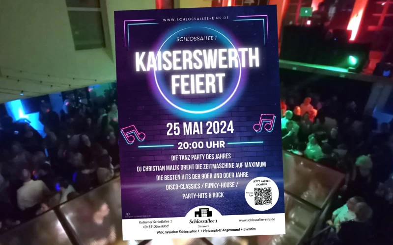 „Kaiserswerth Feiert“ in der Schlossallee 1: 90er-Party am 25. Mai und EM-Rudelgucken ab dem 14. Juni.