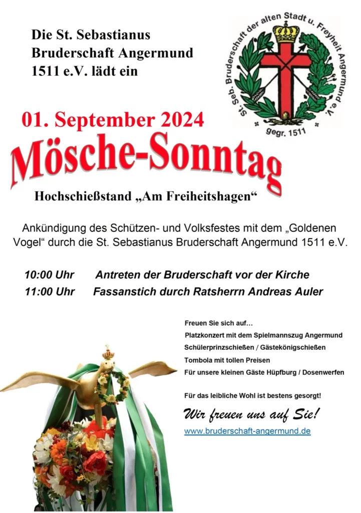 Plakat für den Mösche-Sonntag 2024 – Die St. Sebastianus Bruderschaft Angermund lädt zum Festumzug und zur feierlichen Eröffnung des Schützenfestes ein.